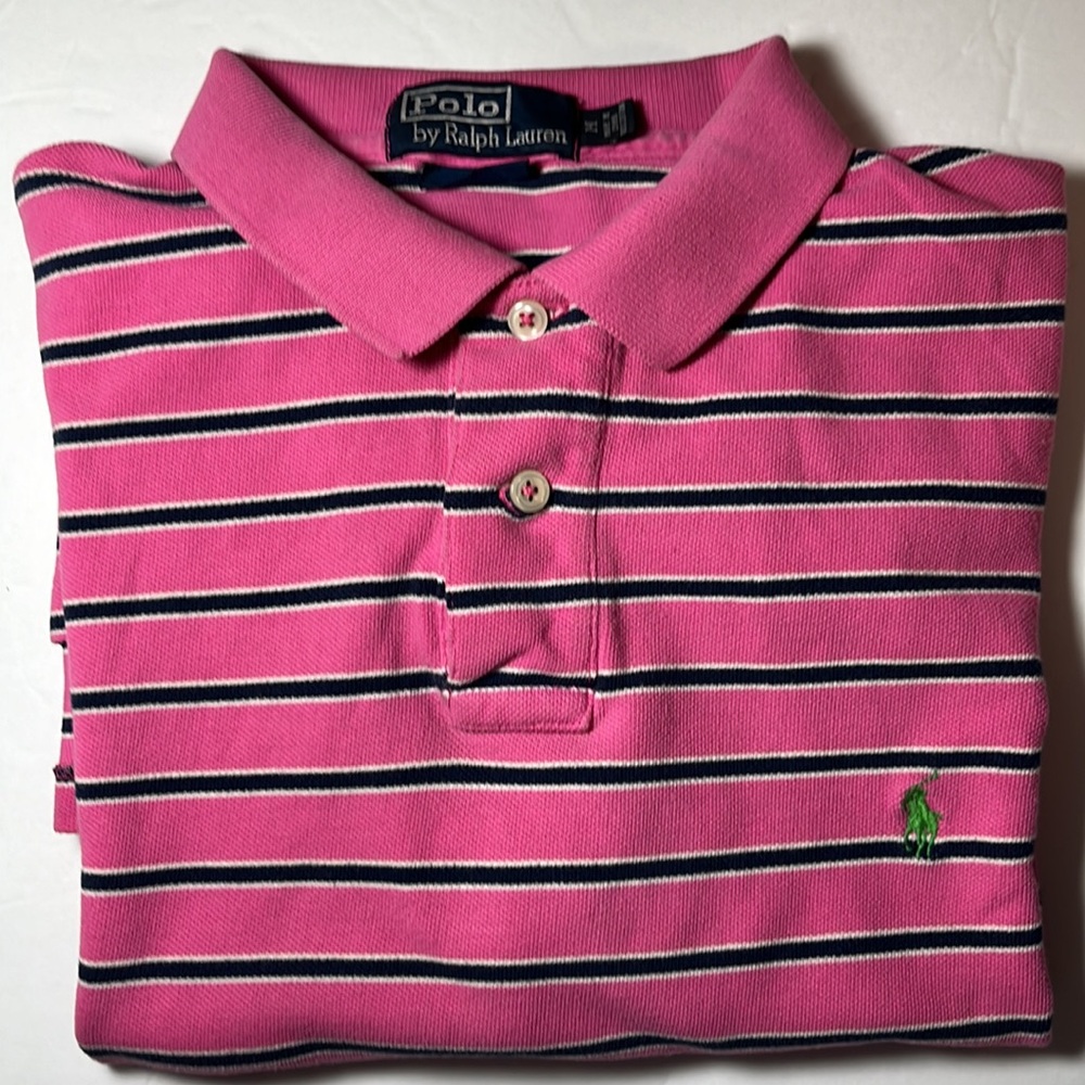 Polo by Ralph Lauren Men’s Pink and Navy Striped Custom Fit Polo Size M